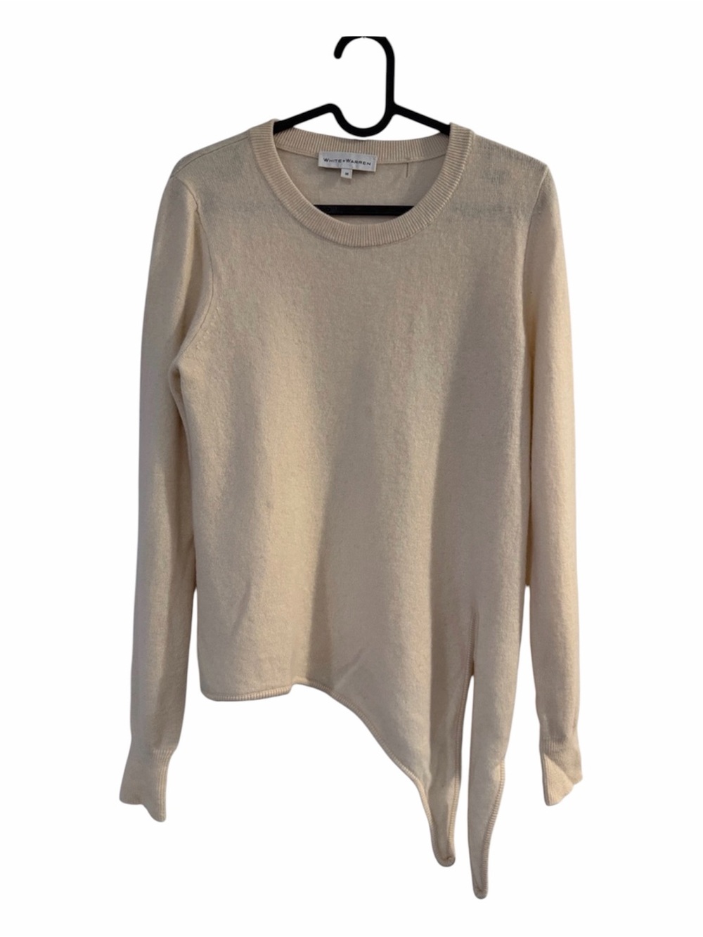 White + Warren 100% Cashmere Cream Asymmetric-Hem Cashmere Crewneck - #149